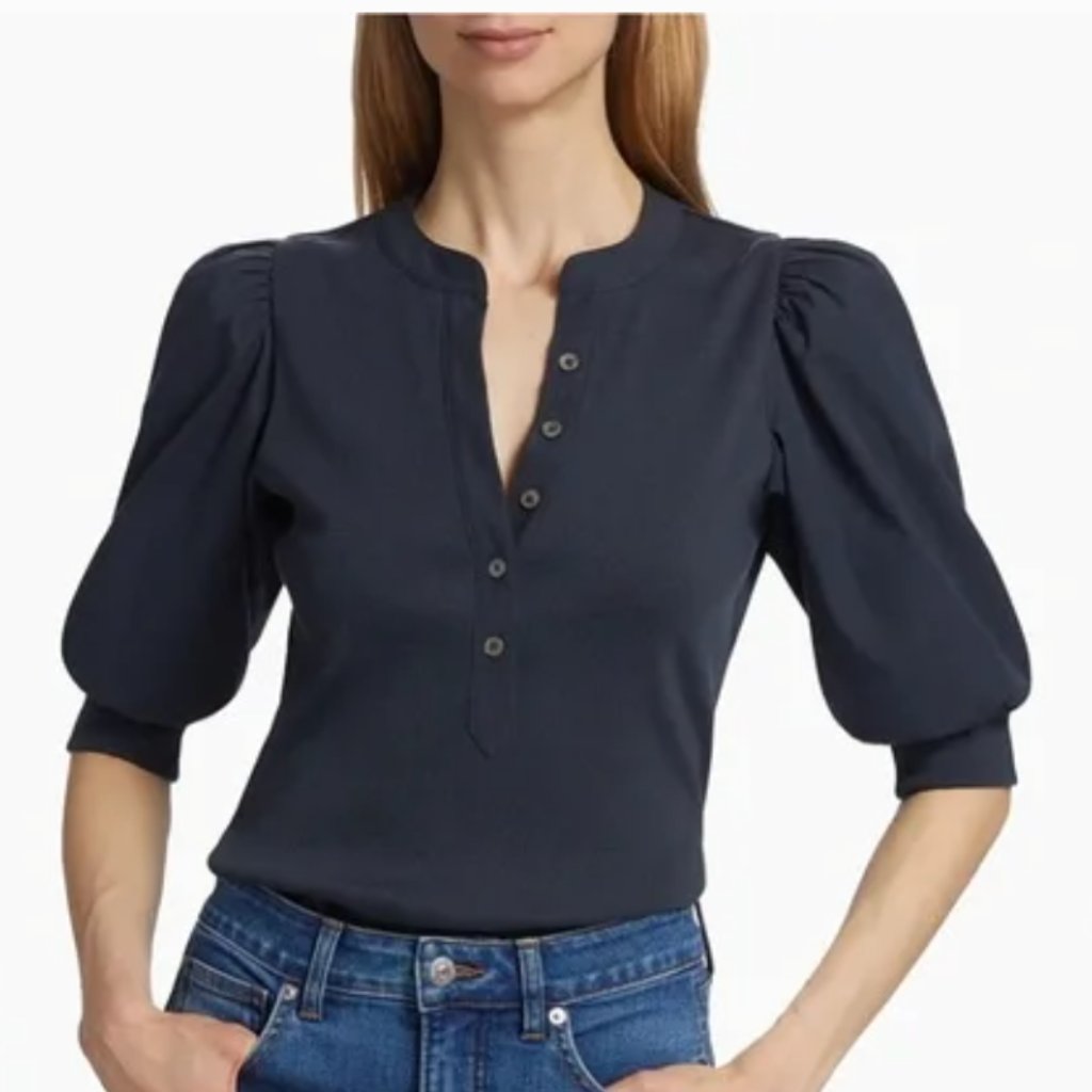 Veronica Beard Navy Puff-Sleeve Henley Short Sleeve Top